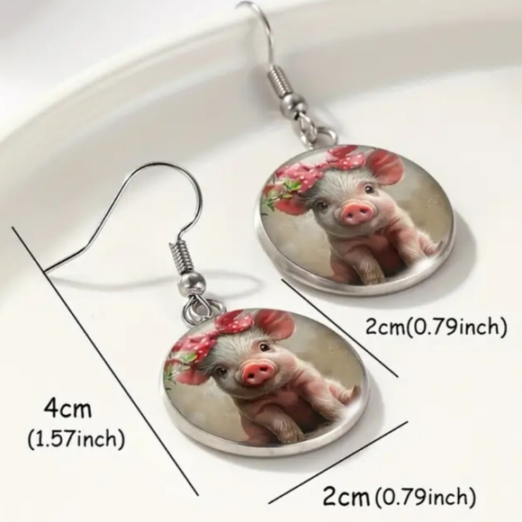 Western earrings rustic farmhouse cowgirl Cute Piglet Wearing Pink Bow - Picture 2 of 4